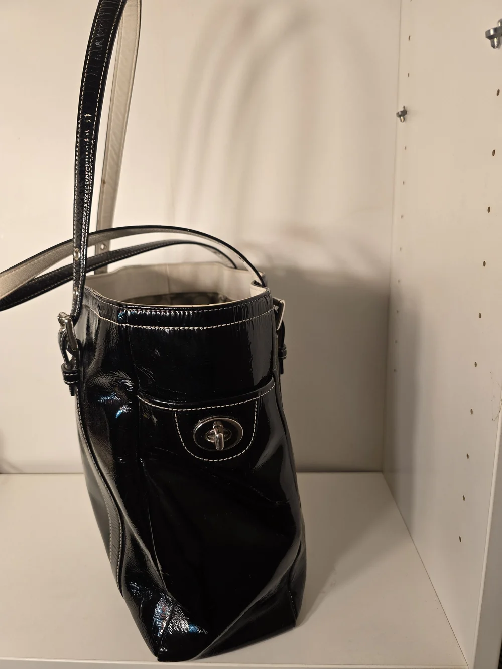 Coach Black Patent Leather Tote Bag with White Trim and Signature Lining